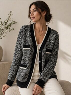 Chic Black White Cardigan Contrast Trim Button Front Cozy